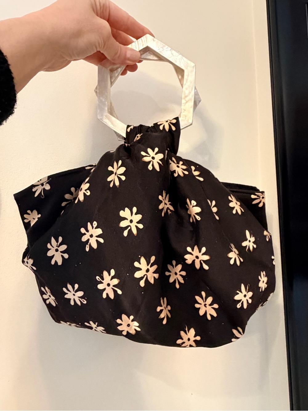 Black Floral Silk Print Handbag with Geometric Handles Kayu, Philippines